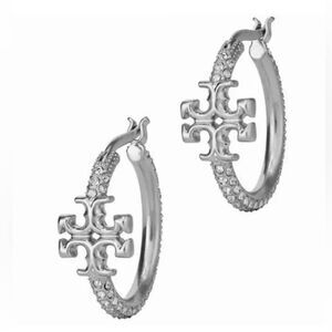 TORY BURCH Eleanor Silver Pave Double T Logo Hoop Earrings